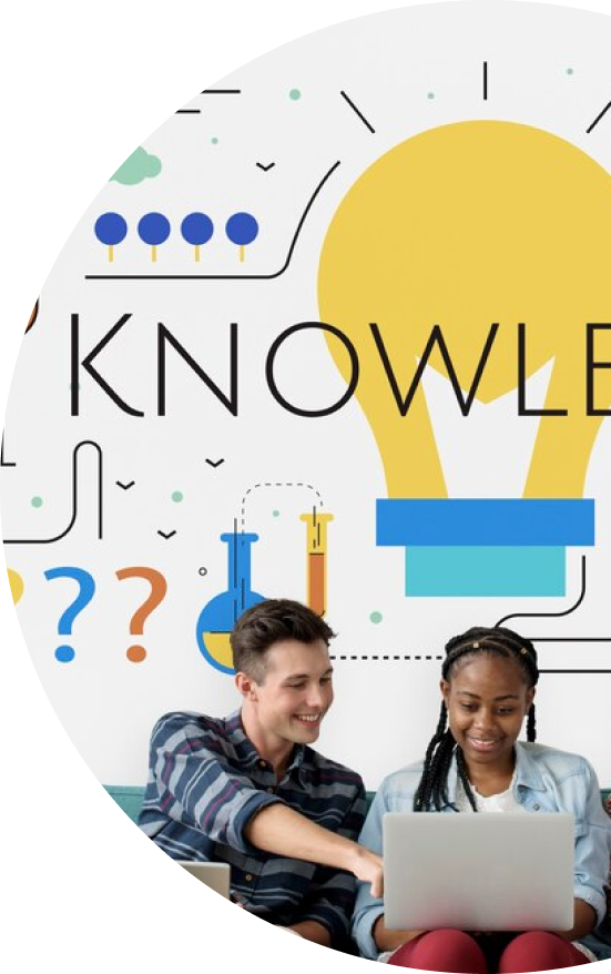 Two people looking at a laptop with a background of knowledge-related icons